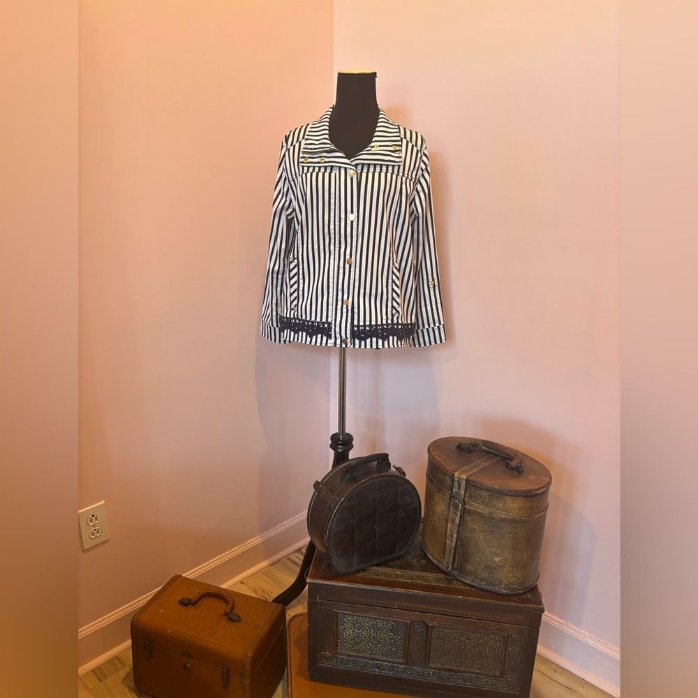 Chico's Navy and White Striped Blazer Jacket - Picture 2 of 5